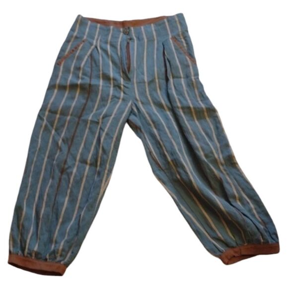 Ozai N Ku relaxed leg crop trouser blue beige stripe size S - Picture 1 of 11